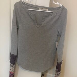 NWT We The Free Gray Long Sleeve with Purple Patterned Cuffs